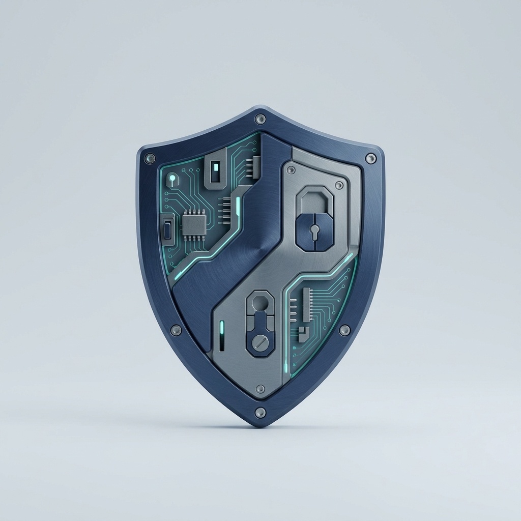 A futuristic shield with integrated circuitry and a prominent lock symbol, representing digital security and cyber defense.. User description: Square minimal te