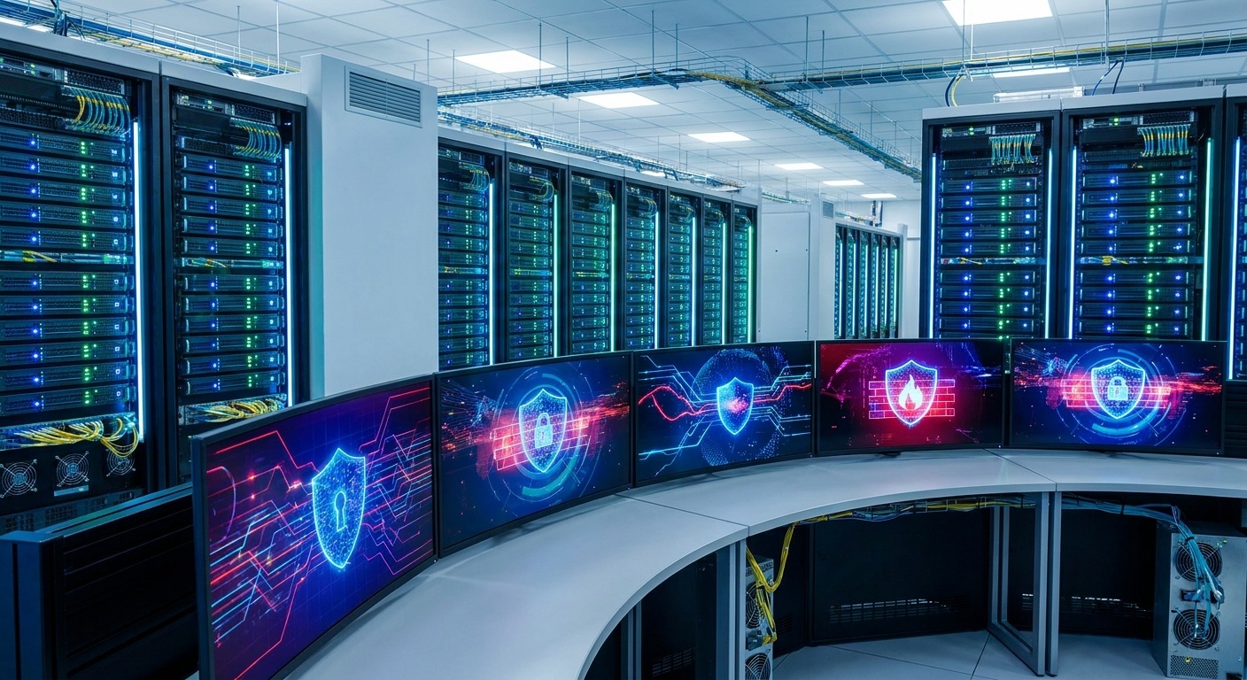 A server room with rows of blinking server racks and a curved monitor displaying cybersecurity icons like shields, locks, and firewalls, with digital network li